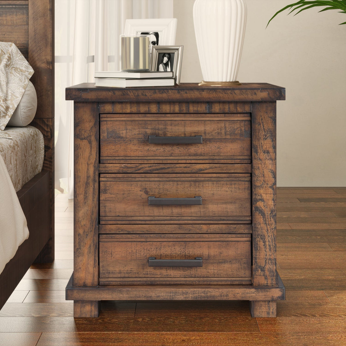 Rustic Farmhouse 3-Drawer Nightstand, Reclaimed Wood