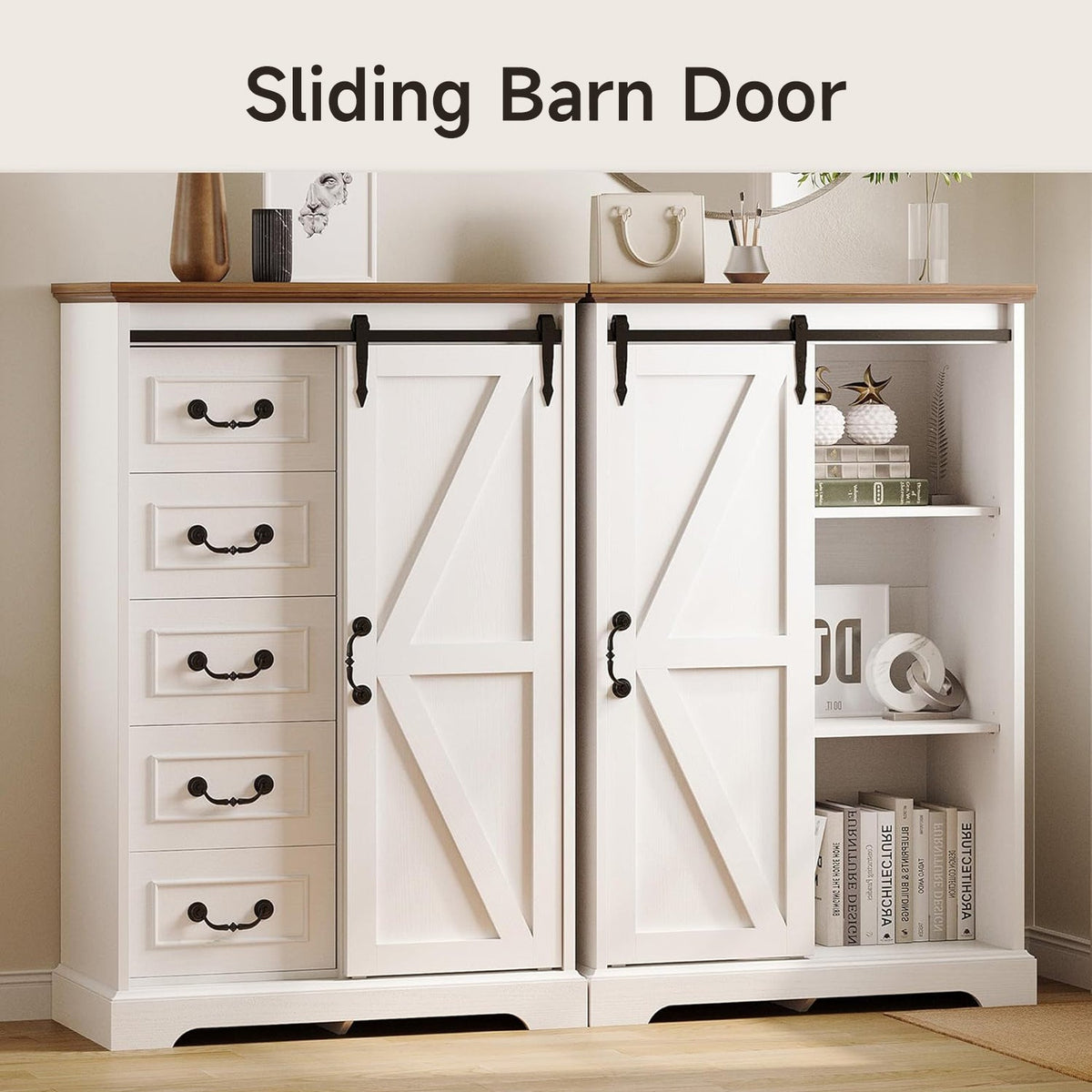 48 Inch 5 Drawer Dresser with Sliding Barn Doors