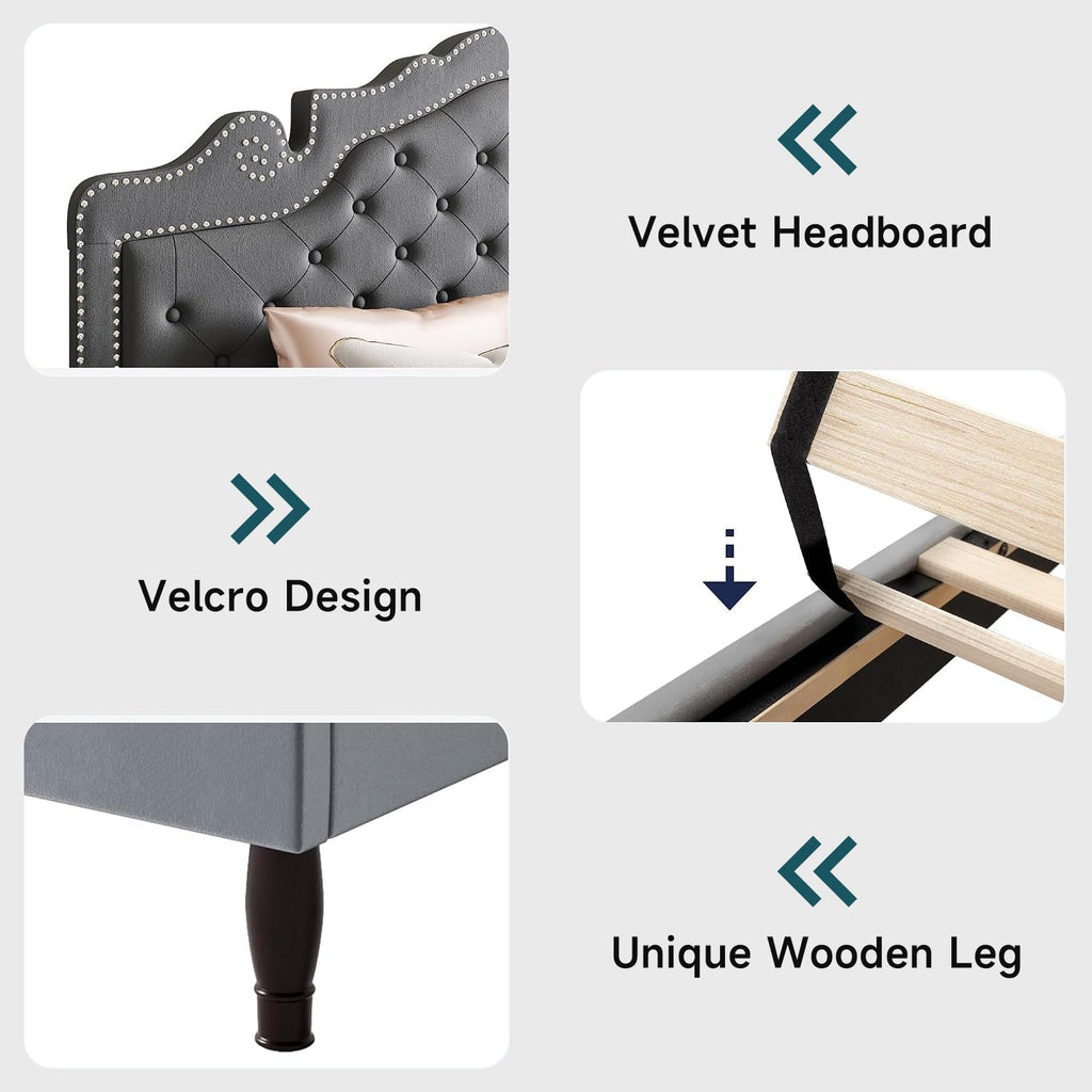 Button Tufted Velvet Platform Bed, Adjustable Headboard