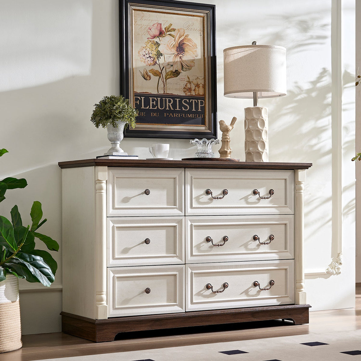 6-Drawer Farmhouse Dresser with Rustic Wooden Base