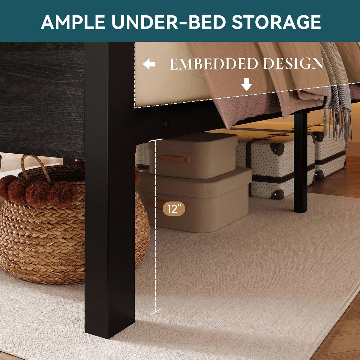 Wood and Metal Platform Bed with LED Storage Headboard