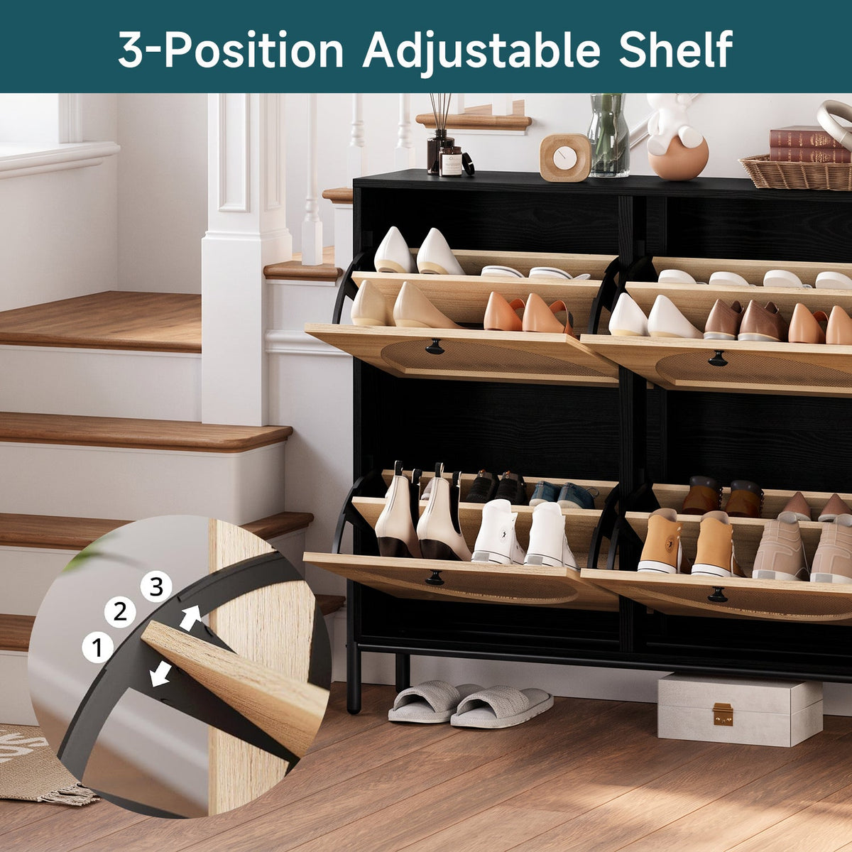 Shoe Storage Cabinet with 4 Rattan Flip Drawers