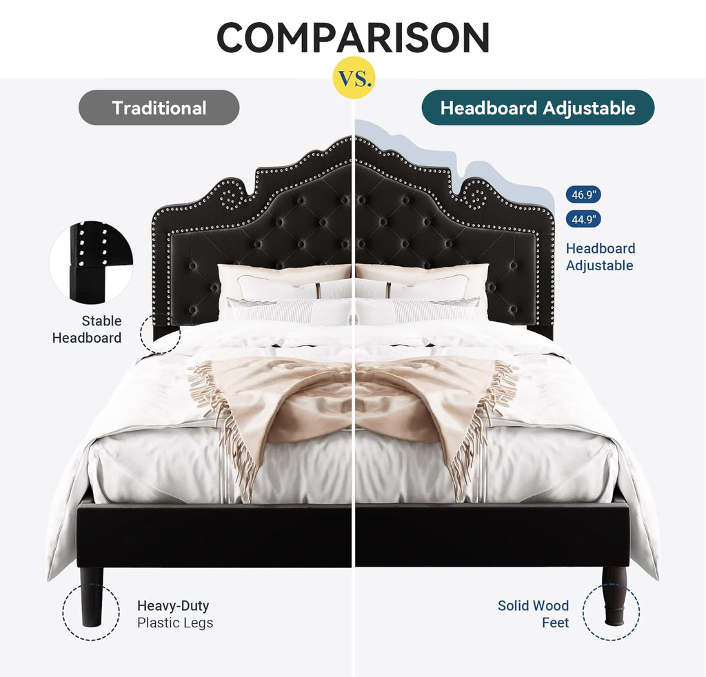Button Tufted Velvet Platform Bed, Adjustable Headboard