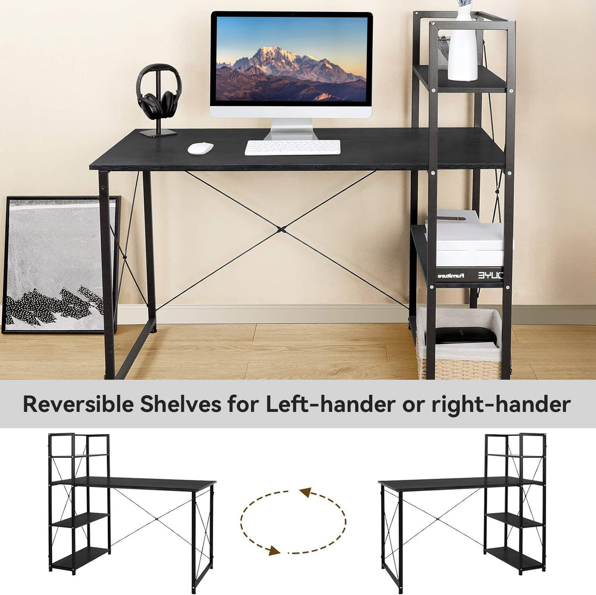 47 Inch Computer Desk with Reversible Bookshelf