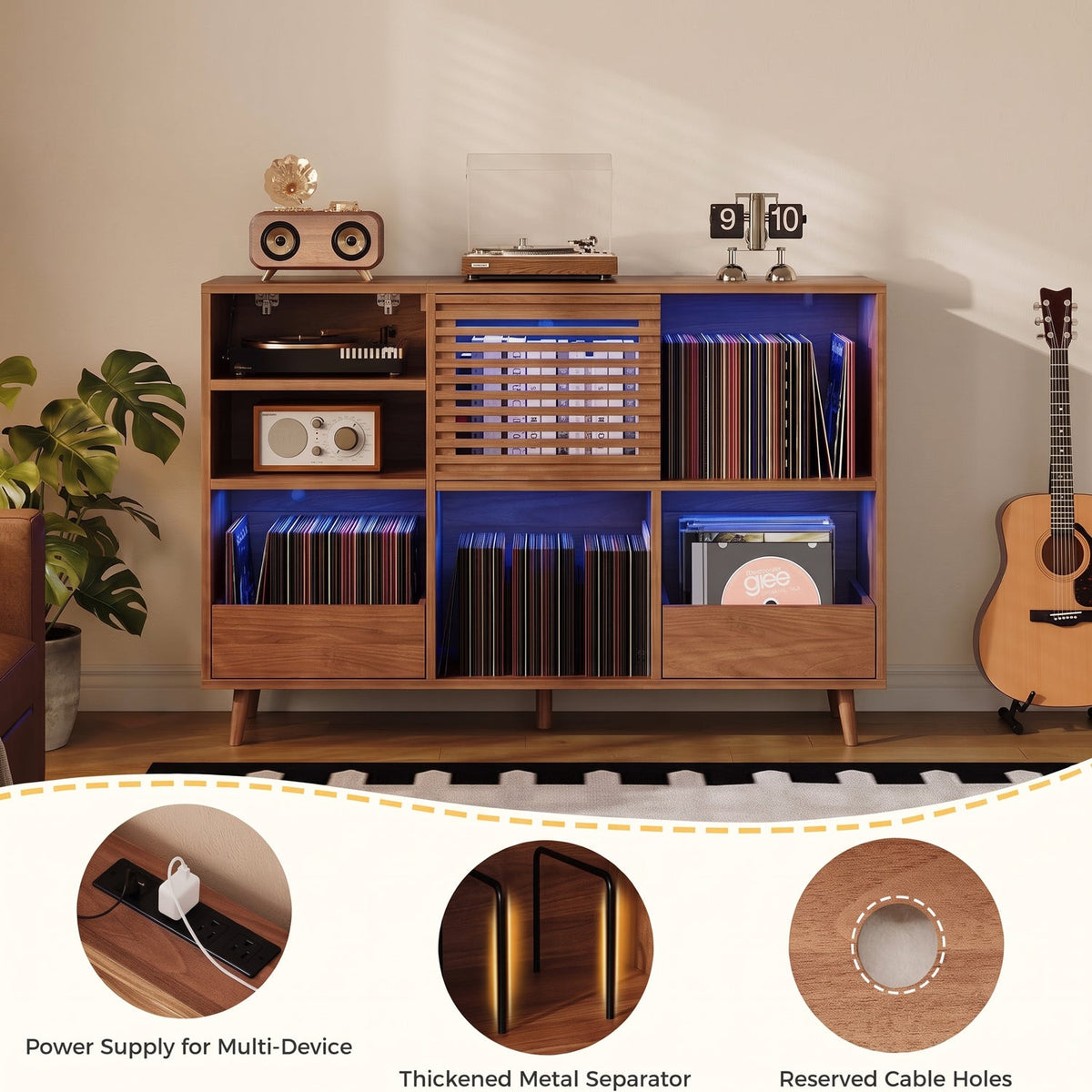 Walnut Record Player Stand with Vinyl Storage
