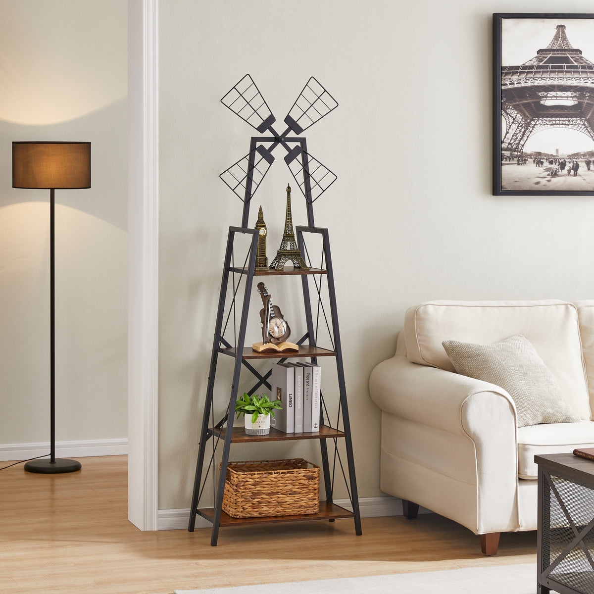 4-Tier Narrow Bookshelf, Rustic Brown and Black