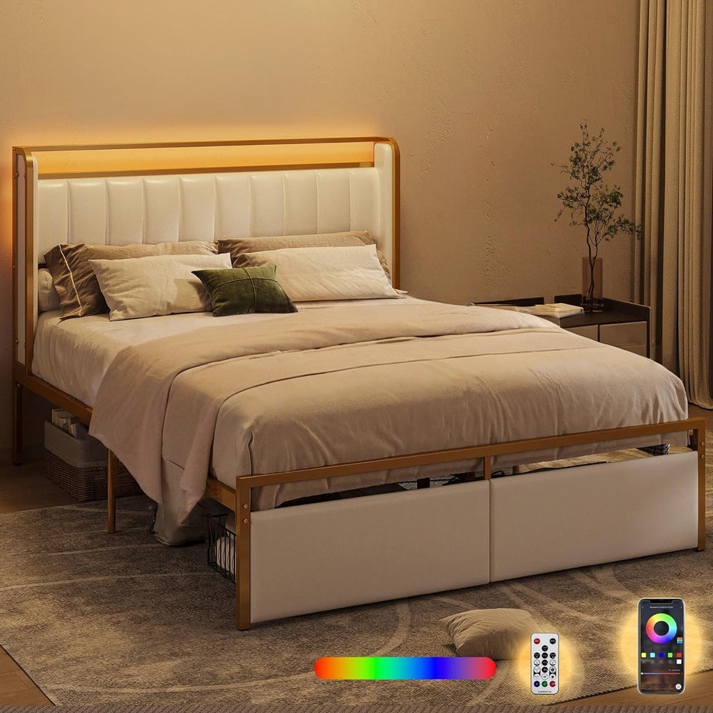Upholstered Bed Frame with RGB Light and Drawers