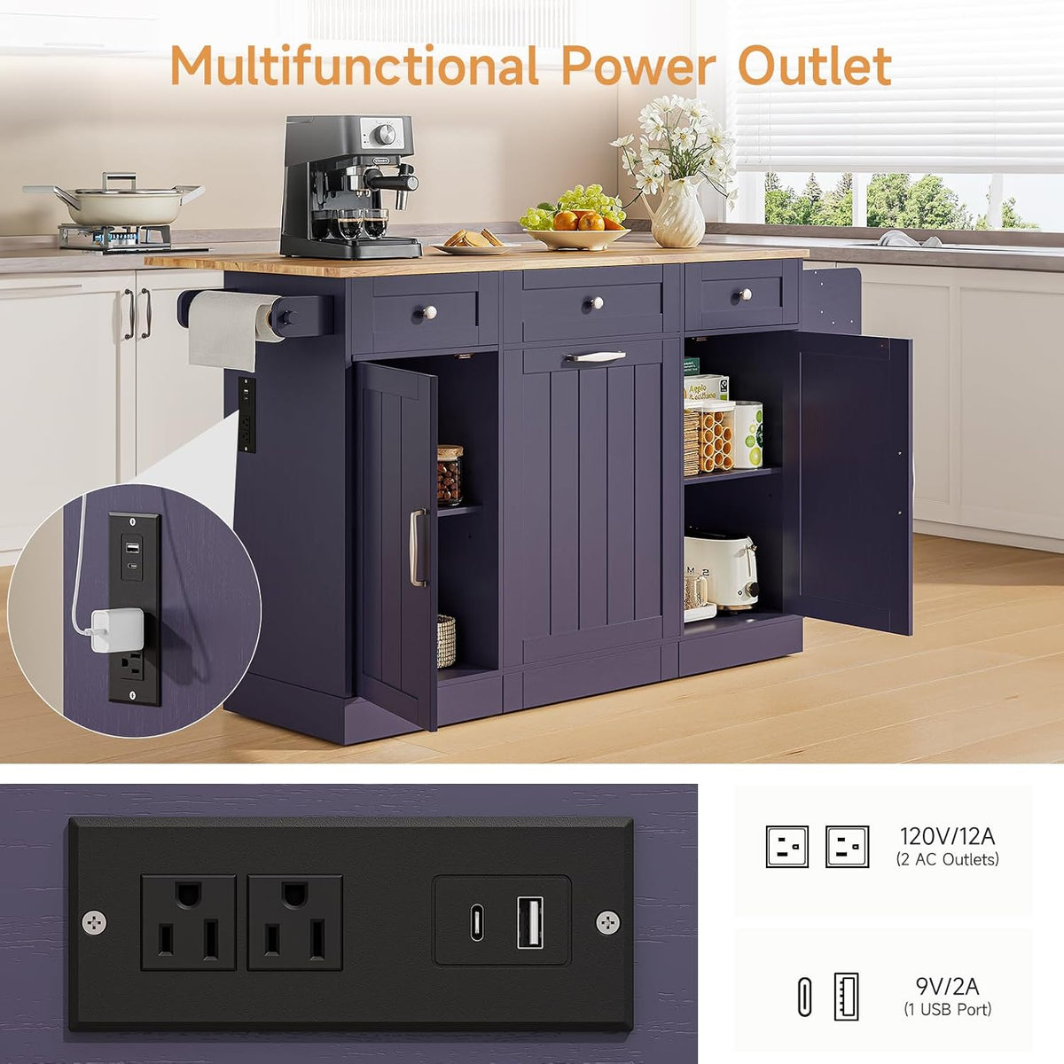 61 Inch Rolling Kitchen Island with Cutting Board