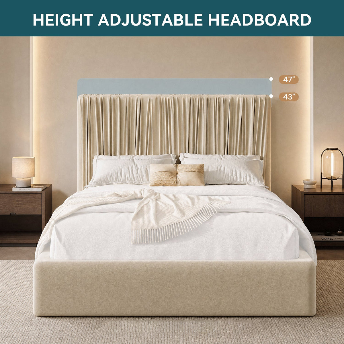 Velvet Floor Platform Bed with Pleated Headboard