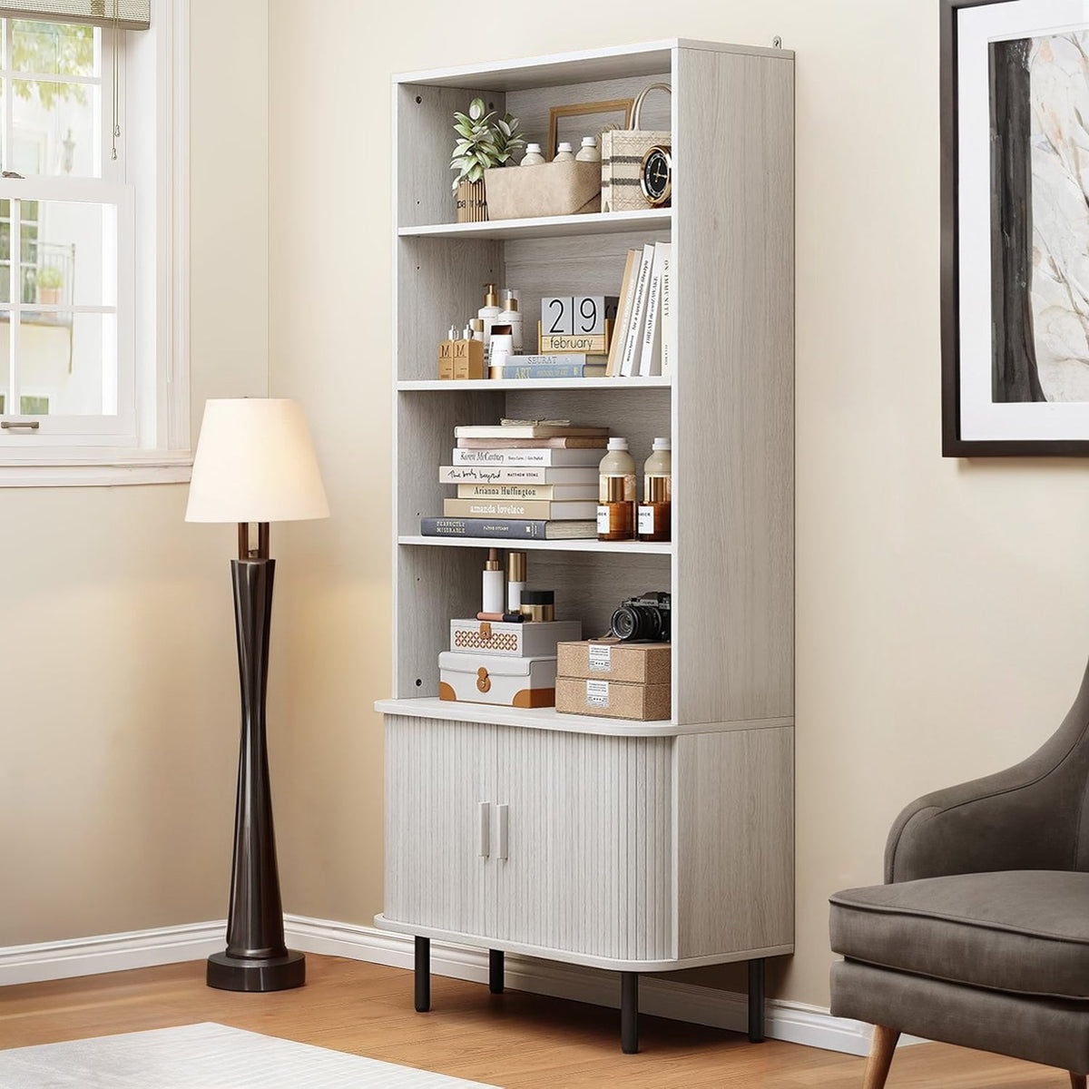 71 Inch 4-Tier Tall Bookcase with Sliding Door Cabinet