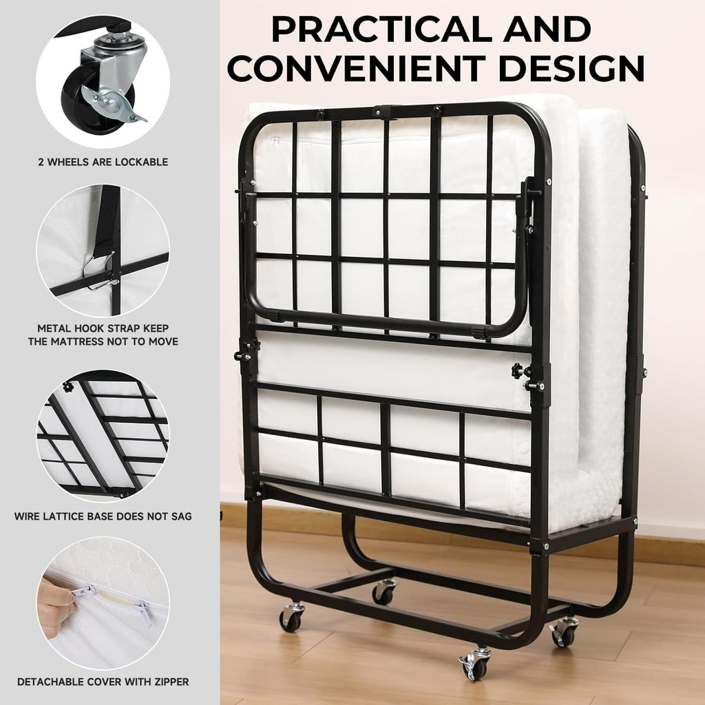 Portable Folding Rollaway Bed with Mattress, 75 x 31 Inch