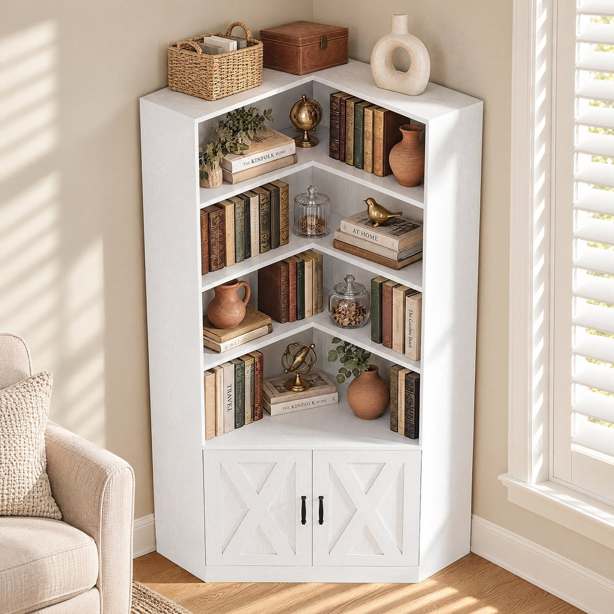 72.7-Inch Tall Corner Bookshelf with Door, 6-Tier