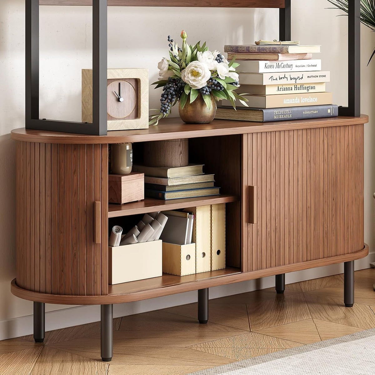 47 Inch Bookshelf with Sliding Doors and Metal Frame