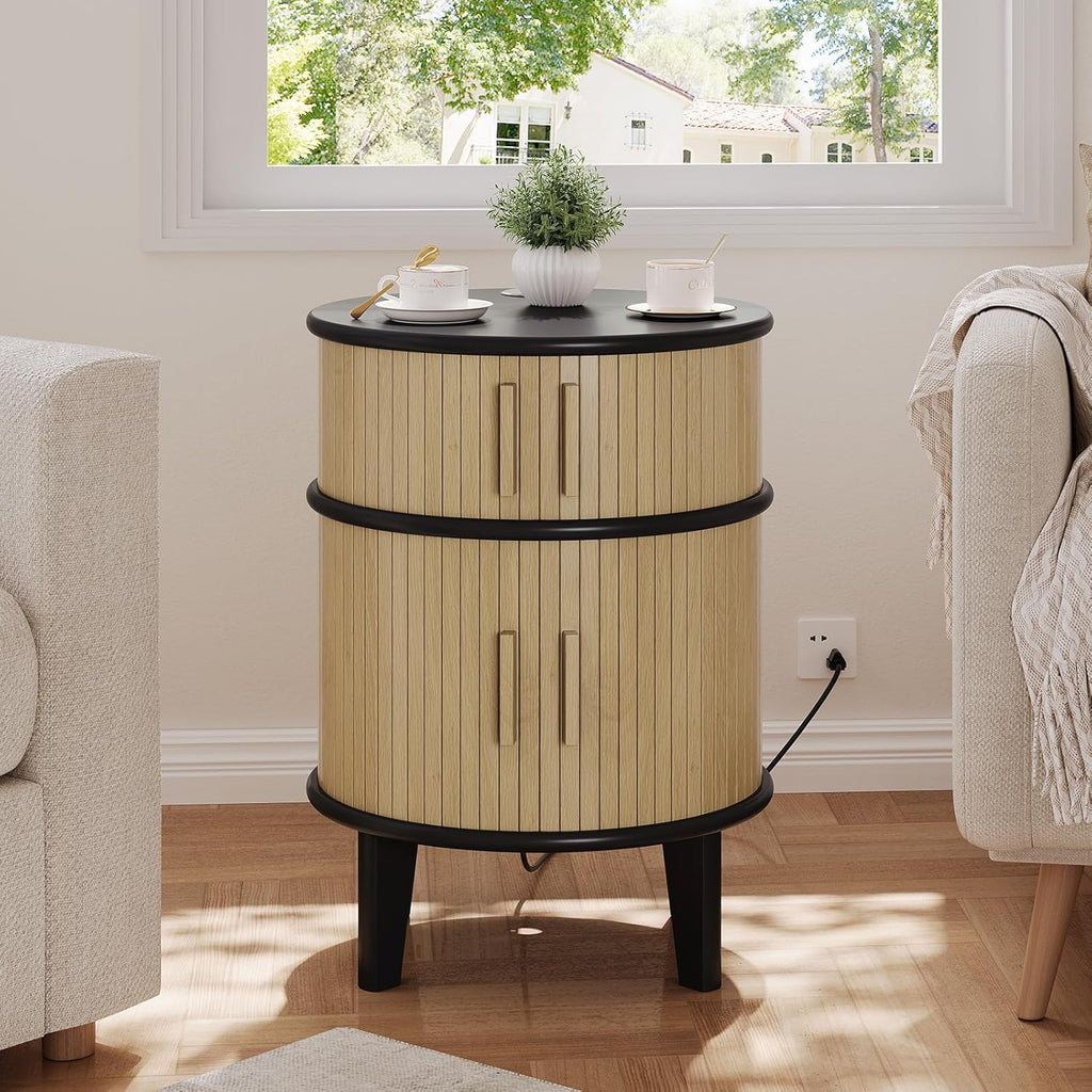 Round End Table Nightstand with Charging Station
