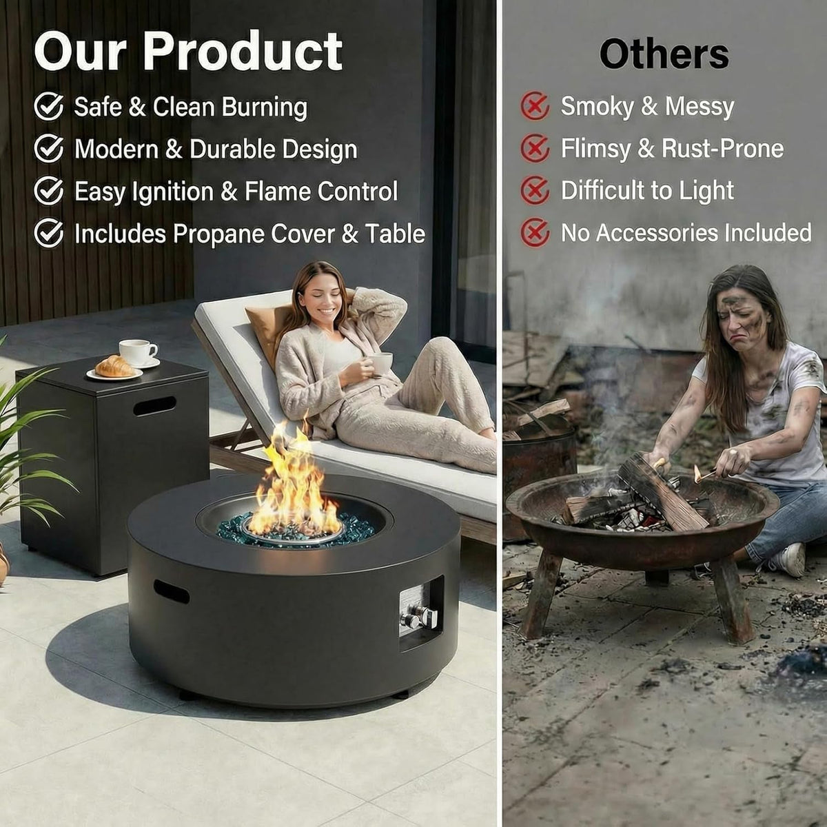 30 Inch Propane Fire Pit Table, 50,000 BTU with Lid