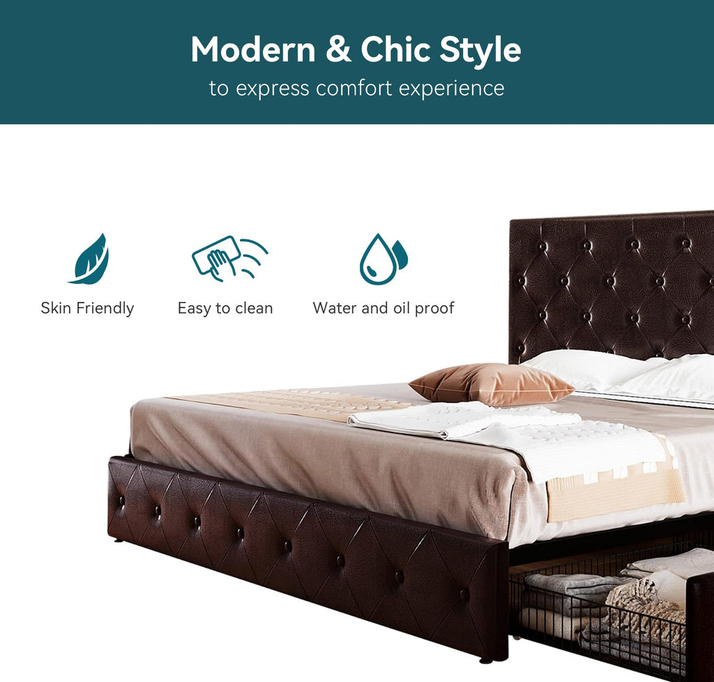 Faux Leather Bed Frame with 4 Storage Drawers