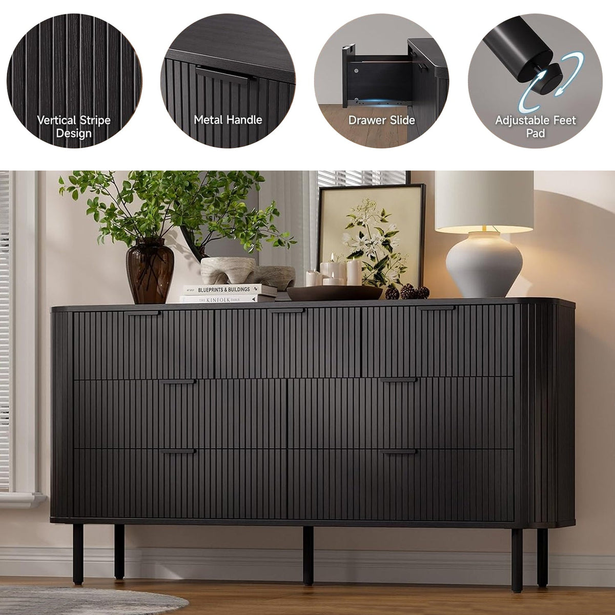 7-Drawer 60-Inch Fluted Dresser with Metal Handles