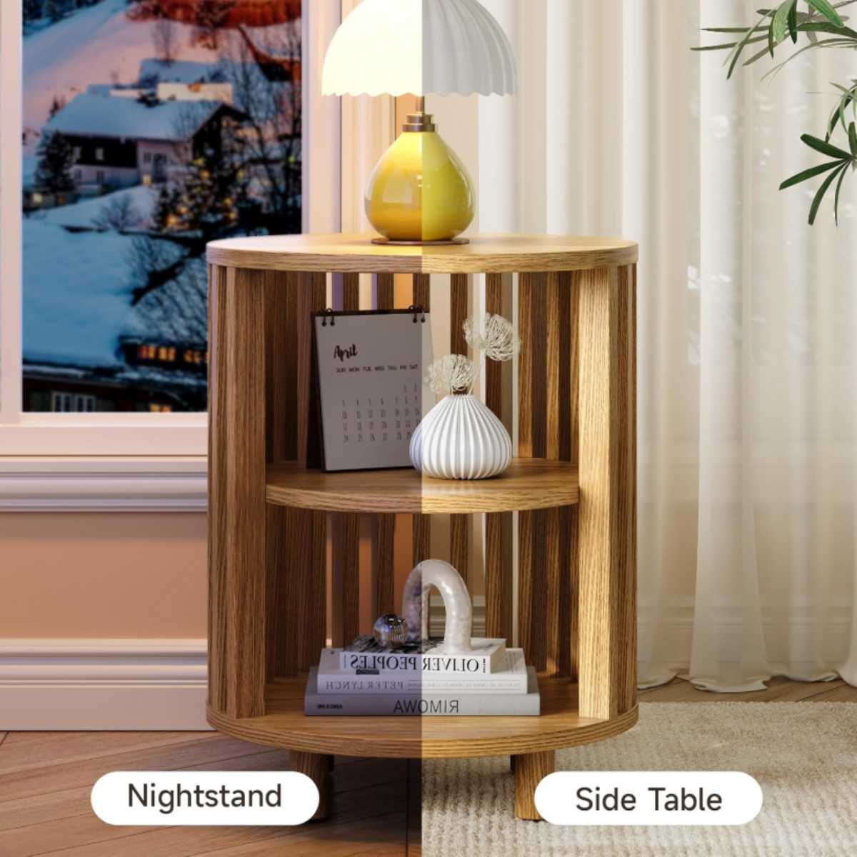 Round Side Table with 3 Storage Shelves