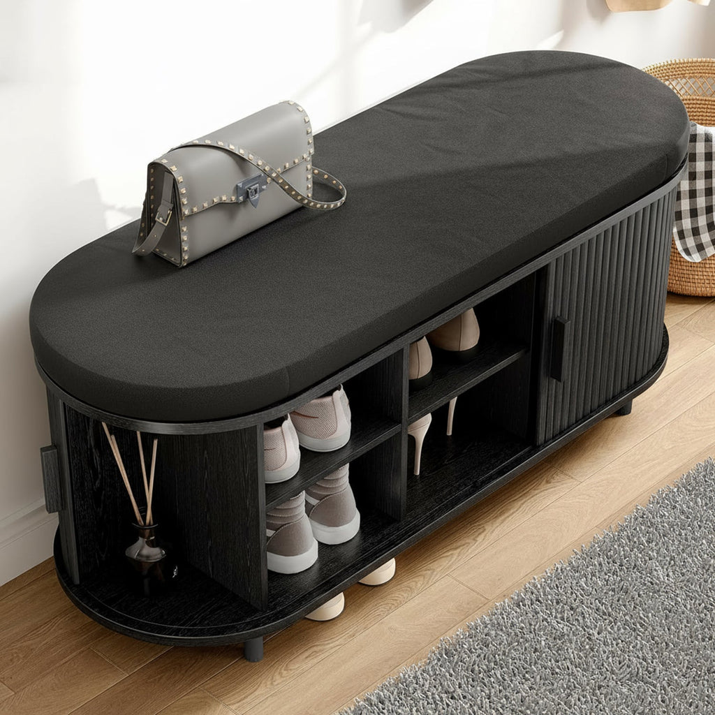 43-Inch Shoe Storage Bench with Cushion and Sliding Door