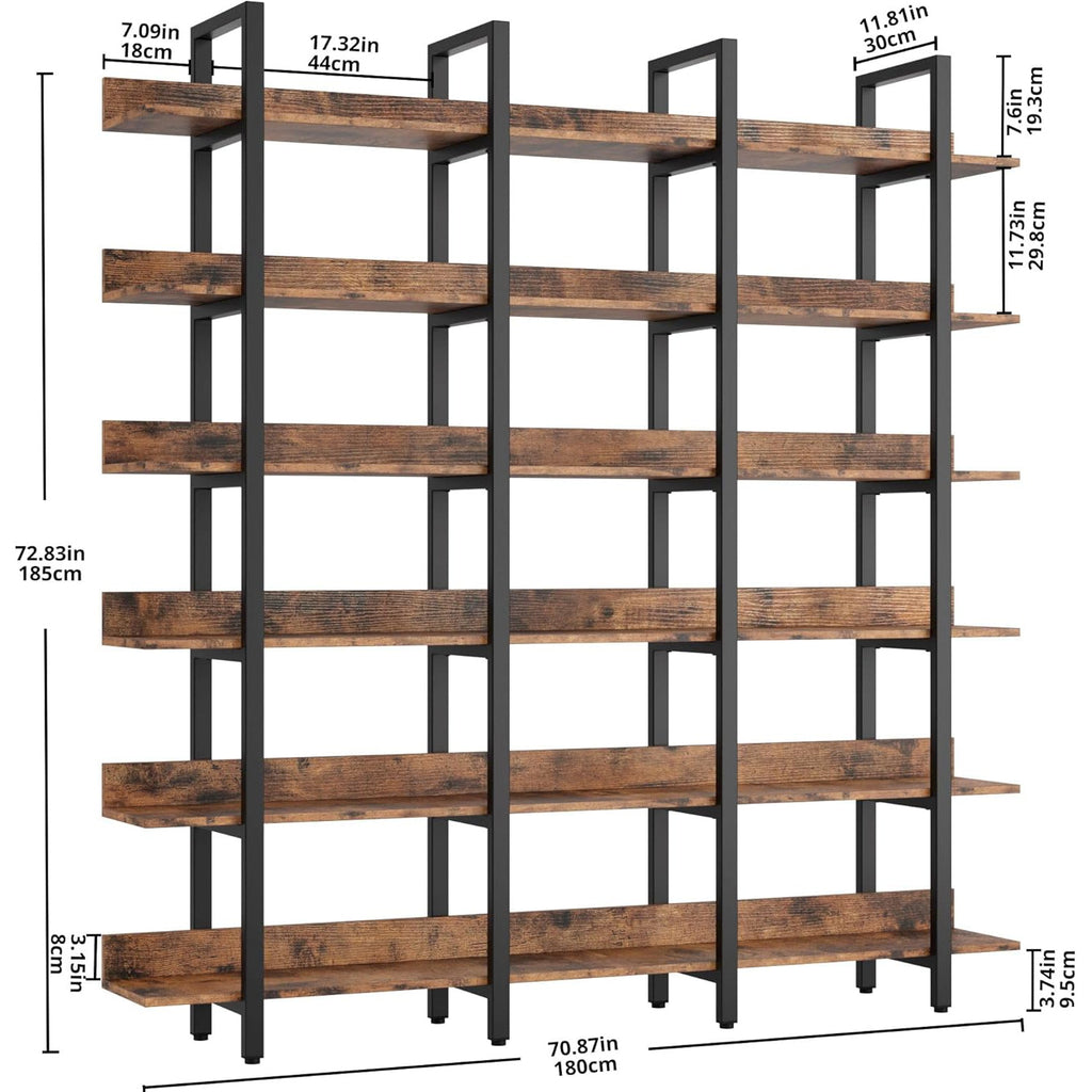 Triple Wide 6-Tier Open Bookshelf with Back Fence