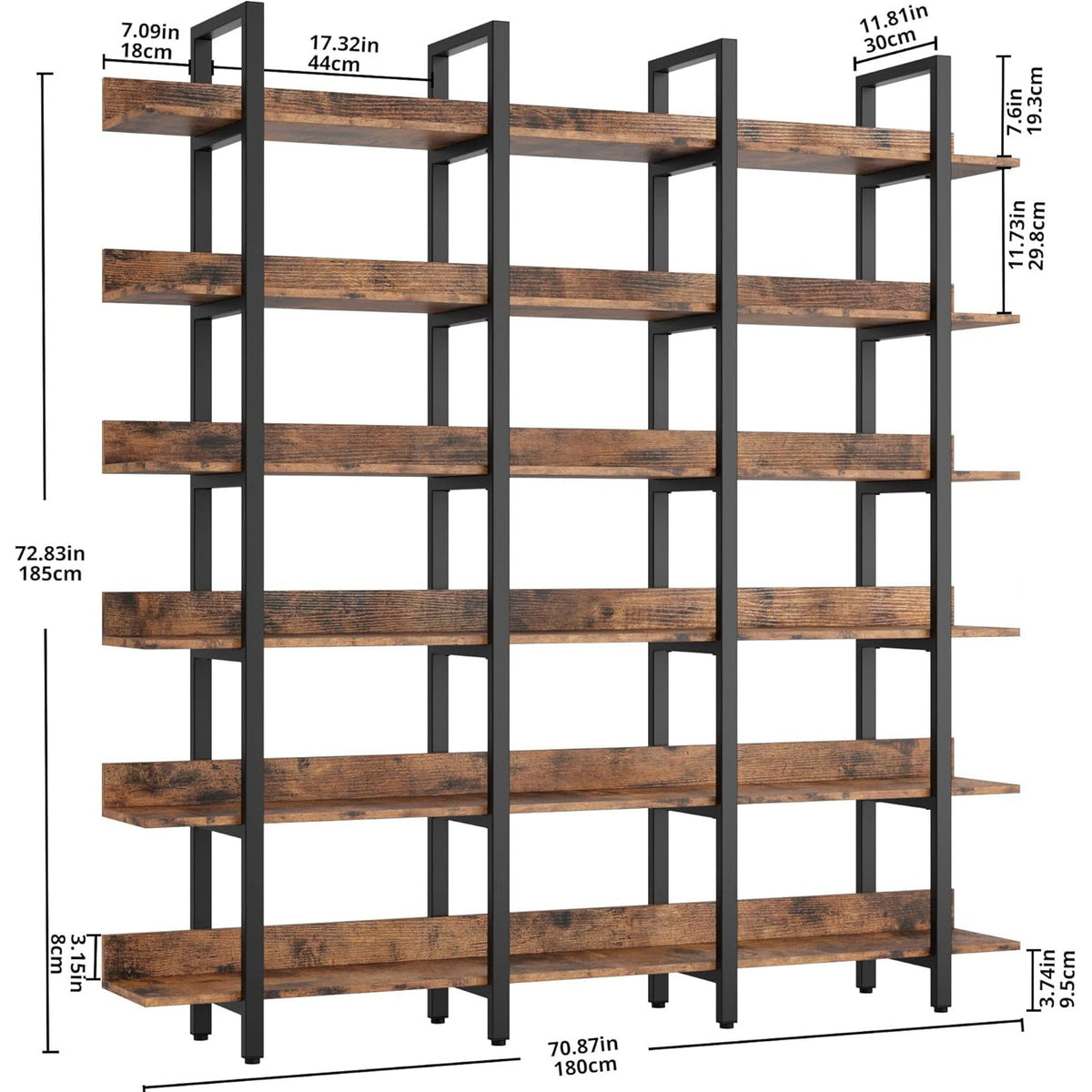 Triple Wide 6-Tier Open Bookshelf with Back Fence