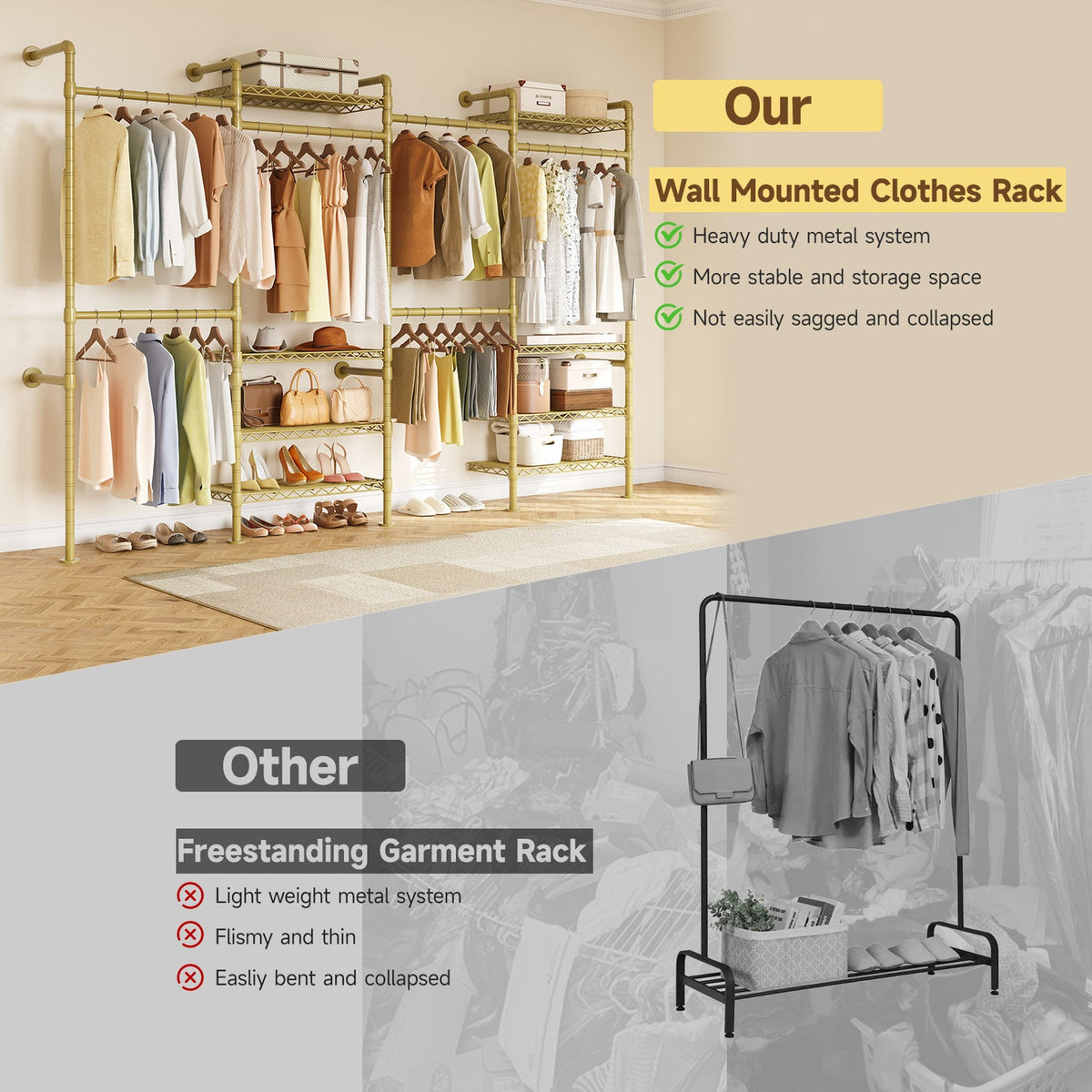 Wall Mounted Closet System with 4 Rods and 8 Shelves
