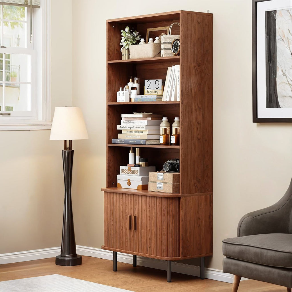 71 Inch 4-Tier Tall Bookcase with Sliding Door Cabinet