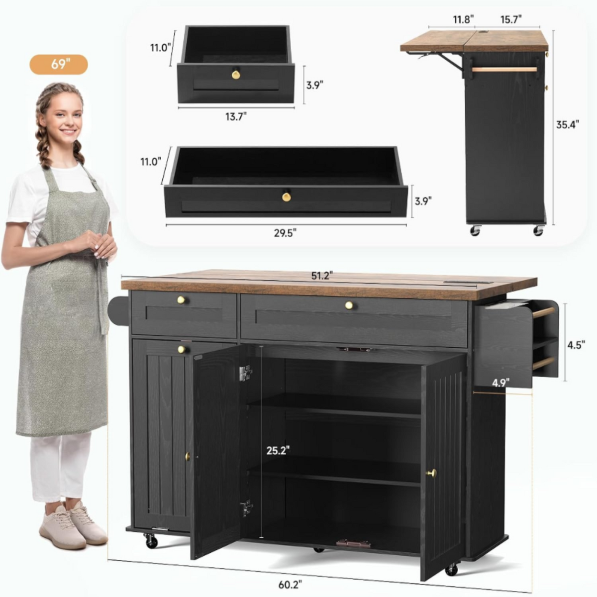 Kitchen Island Cart with Trash Can Storage on Wheels
