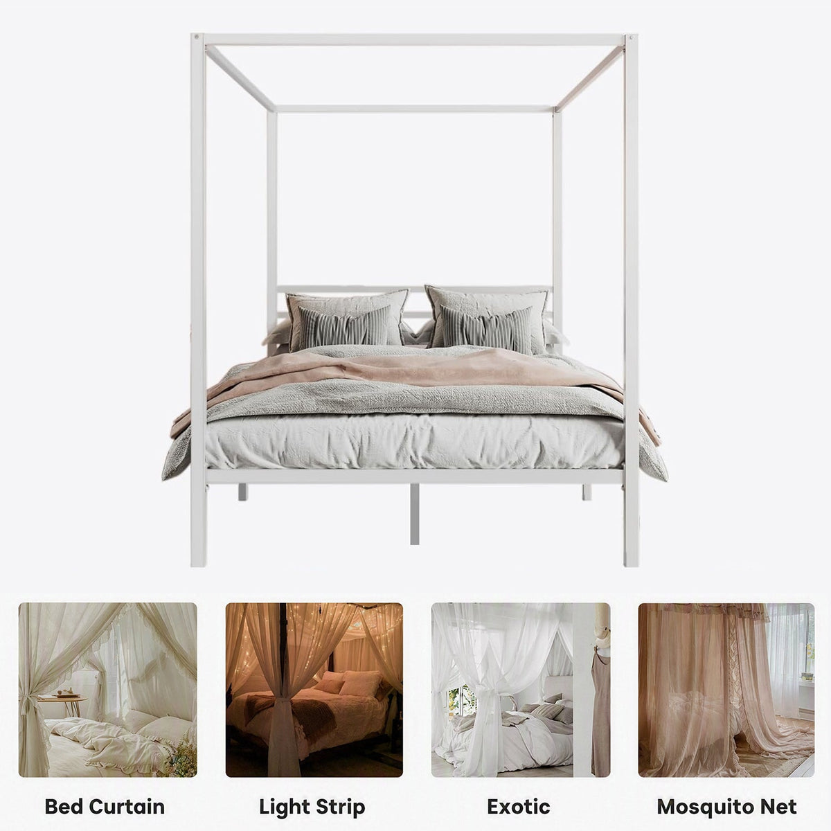 Canopy Bed Frame with Heavy-Duty Metal Slats