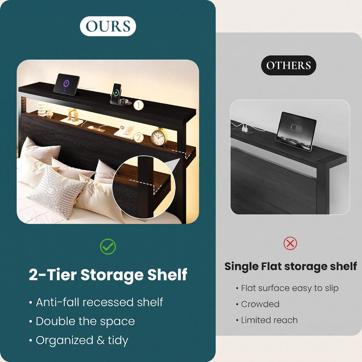 Wood and Metal Platform Bed with LED Storage Headboard