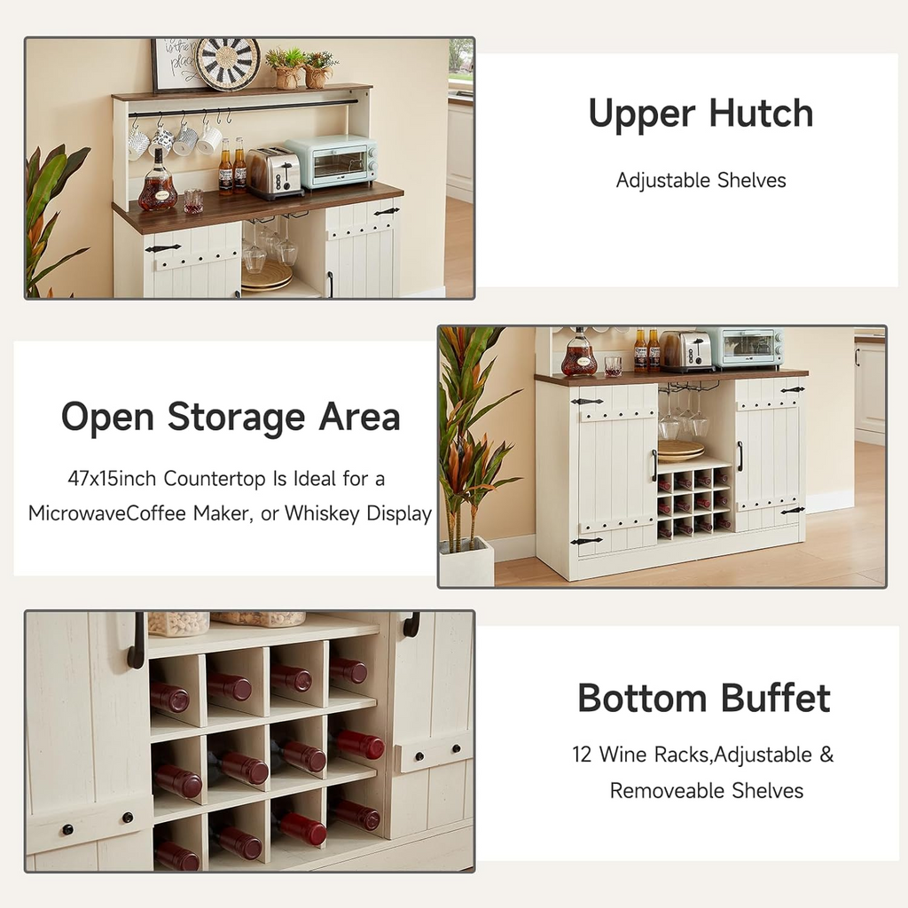 58" Bar Cabinet with 12 Wine Racks and Adjustable Shelves