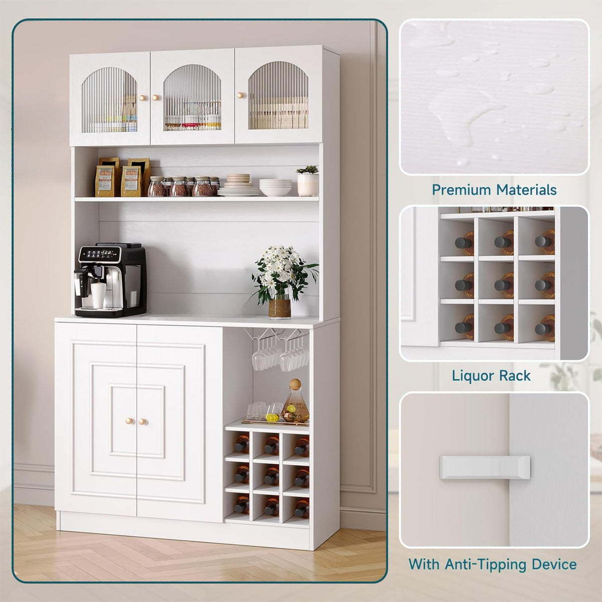 71 Inch White Pantry Cabinet with Microwave Shelf