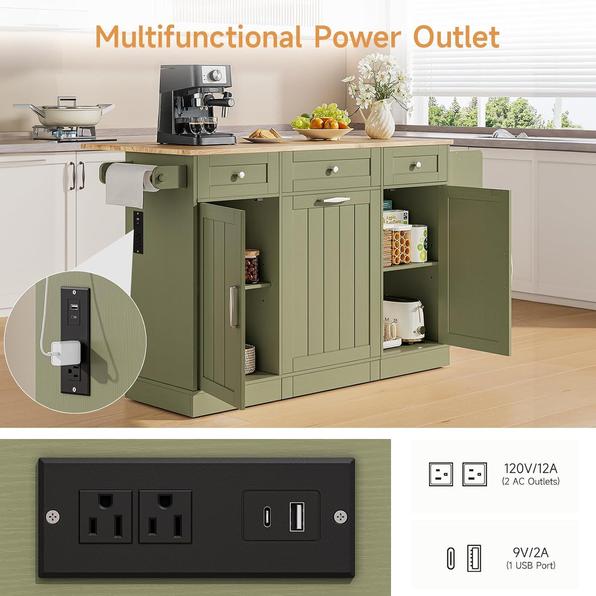 61 Inch Rolling Kitchen Island with Cutting Board