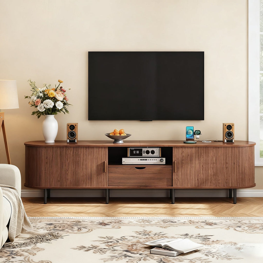 86 Inch TV Stand with Sliding Doors and Charging Station