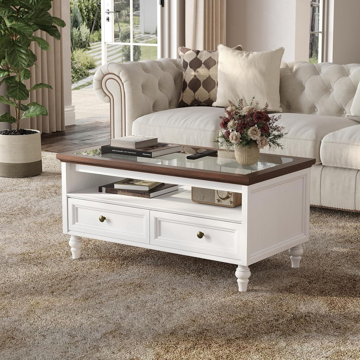 39.4 Inch Farmhouse Coffee Table with Glass Top