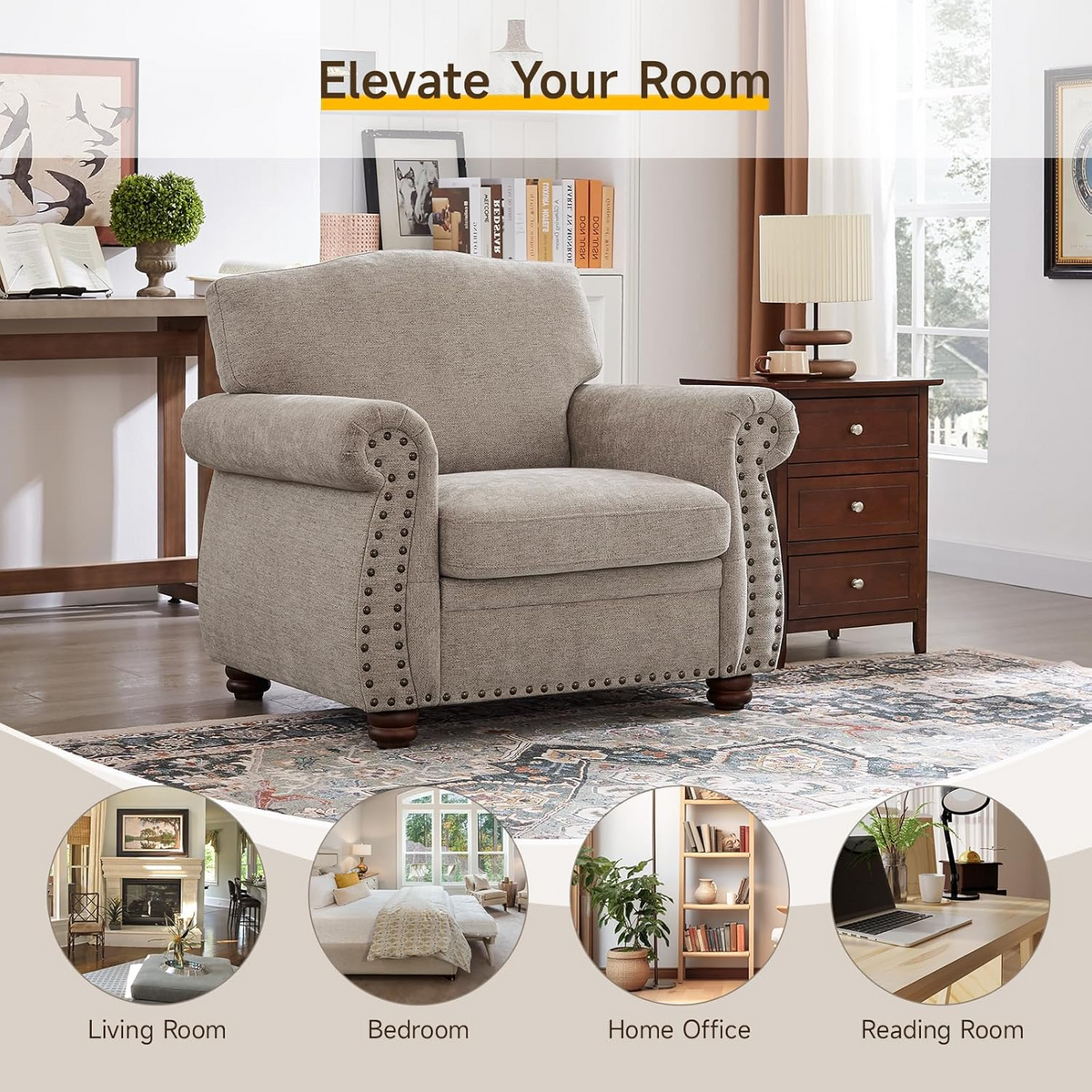 Chenille Nailhead Armchair with Rolled Arms