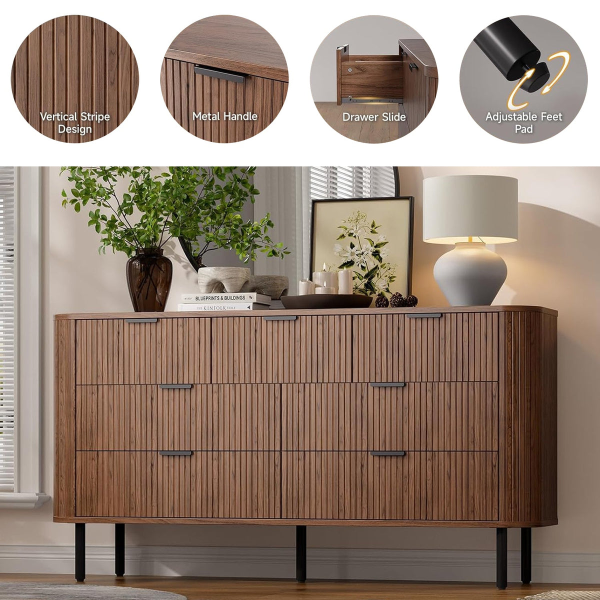 7-Drawer 60-Inch Fluted Dresser with Metal Handles