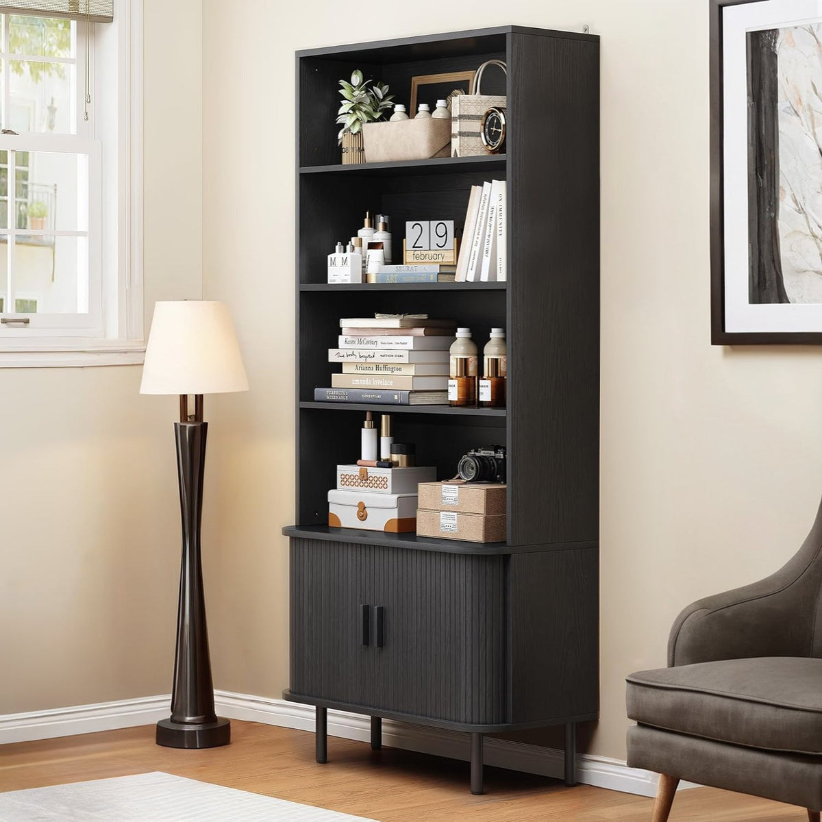 71 Inch 4-Tier Tall Bookcase with Sliding Door Cabinet