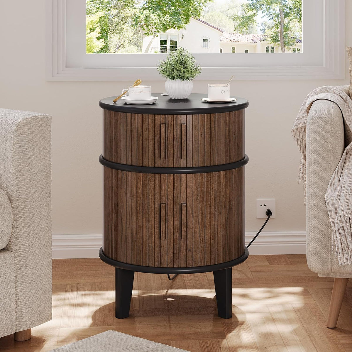 Round End Table Nightstand with Charging Station