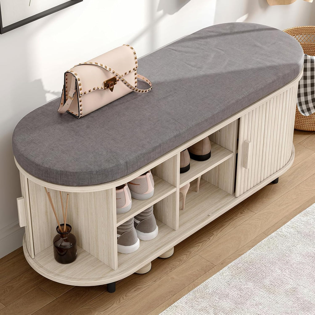 43-Inch Shoe Storage Bench with Cushion and Sliding Door