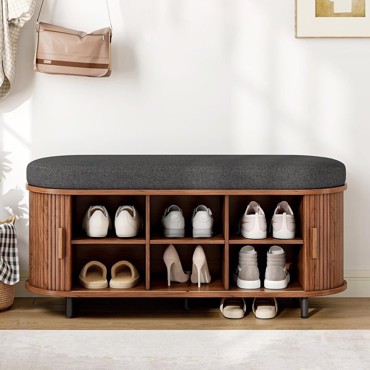 43-Inch Shoe Storage Bench with Cushion and Sliding Door