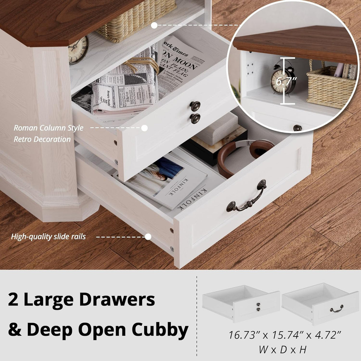 Farmhouse Nightstand with Charging Station and 2 Drawers