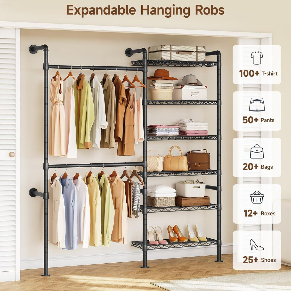 Industrial Pipe Wall Mounted Clothes Rack, 2 Rods 6 Shelves
