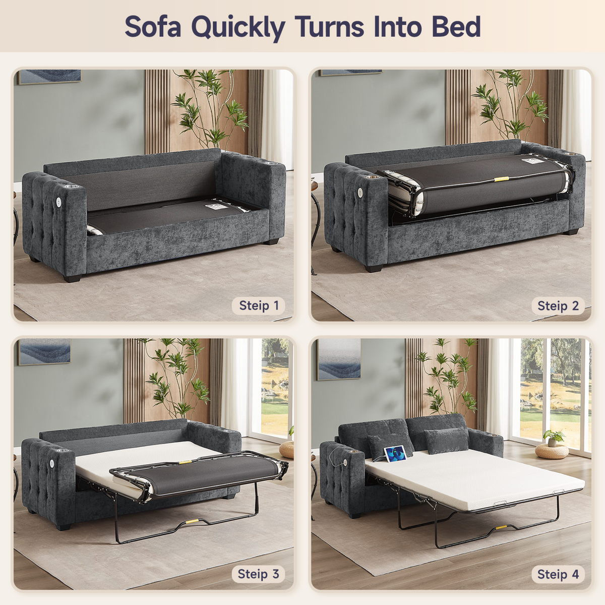 83-Inch Queen Pull-Out Sofa Bed with Memory Foam Mattress