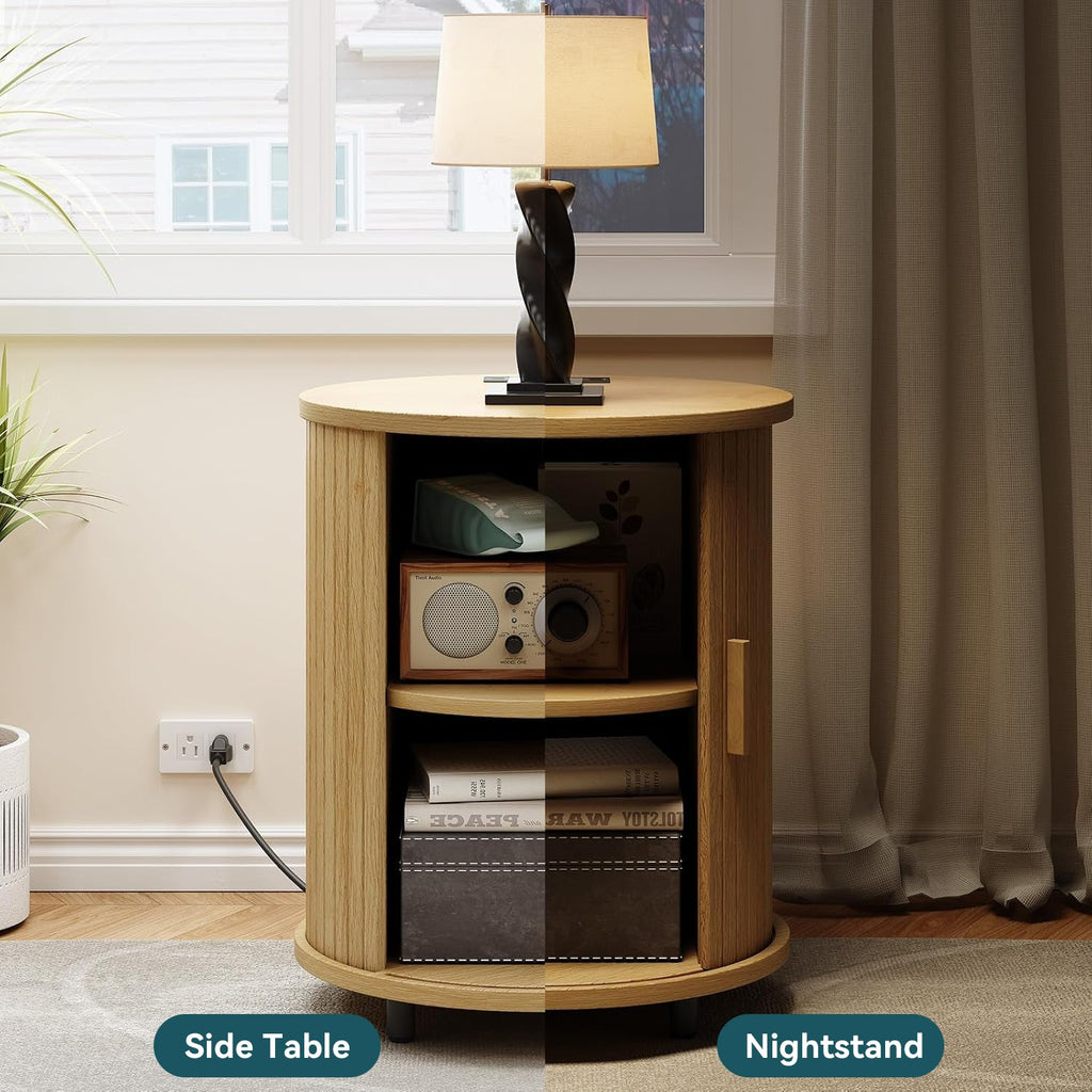 Round Nightstand Side Table with Sliding Tambour Door
