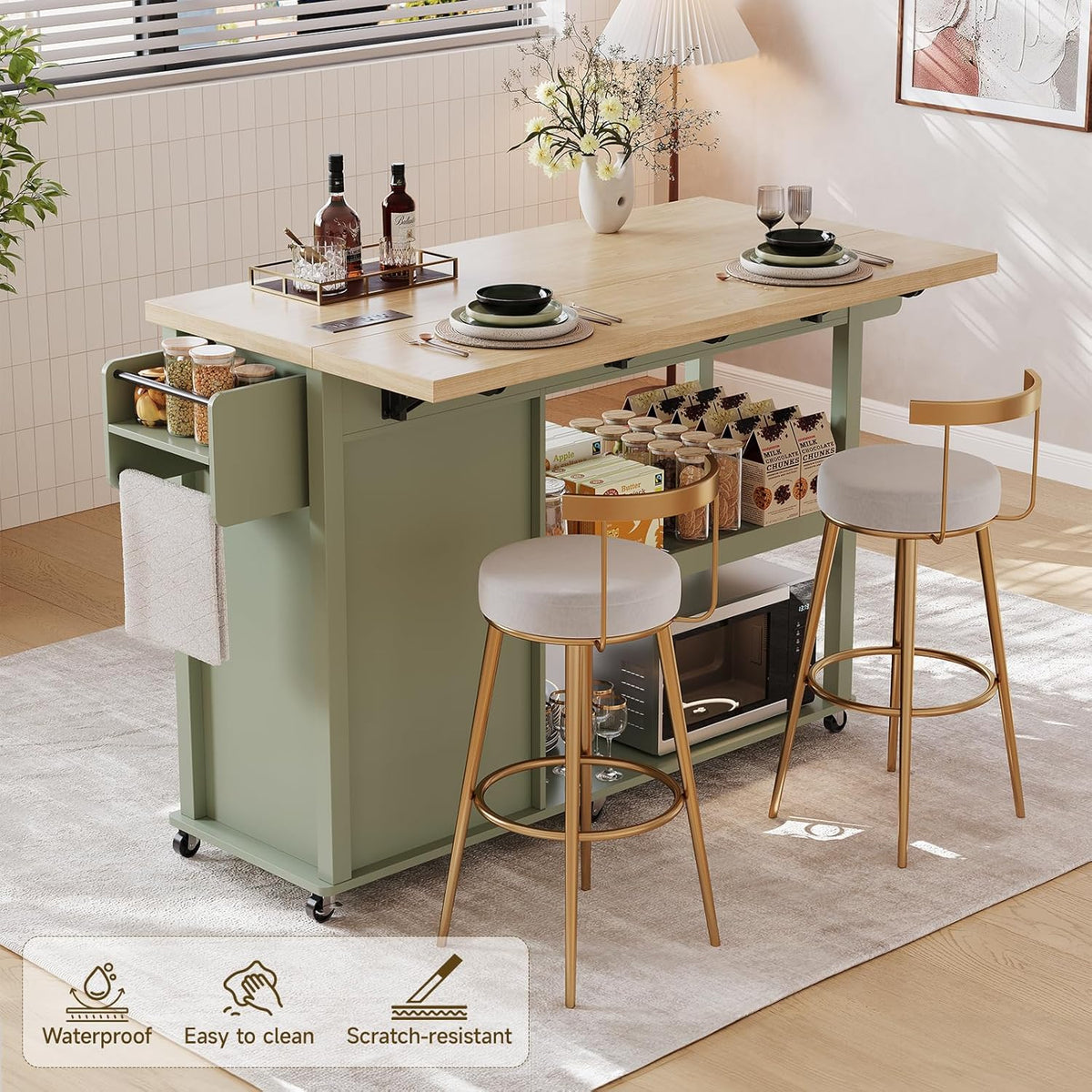 56 Inch Rolling Kitchen Island with Drop Leaf and 3 Drawers