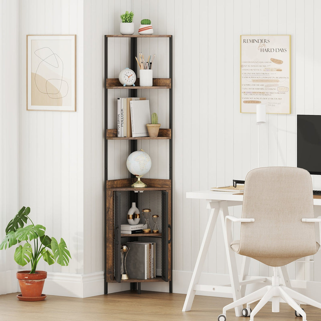 6-Tier Corner Shelf, 67 Inch Bookcase with Cabinet