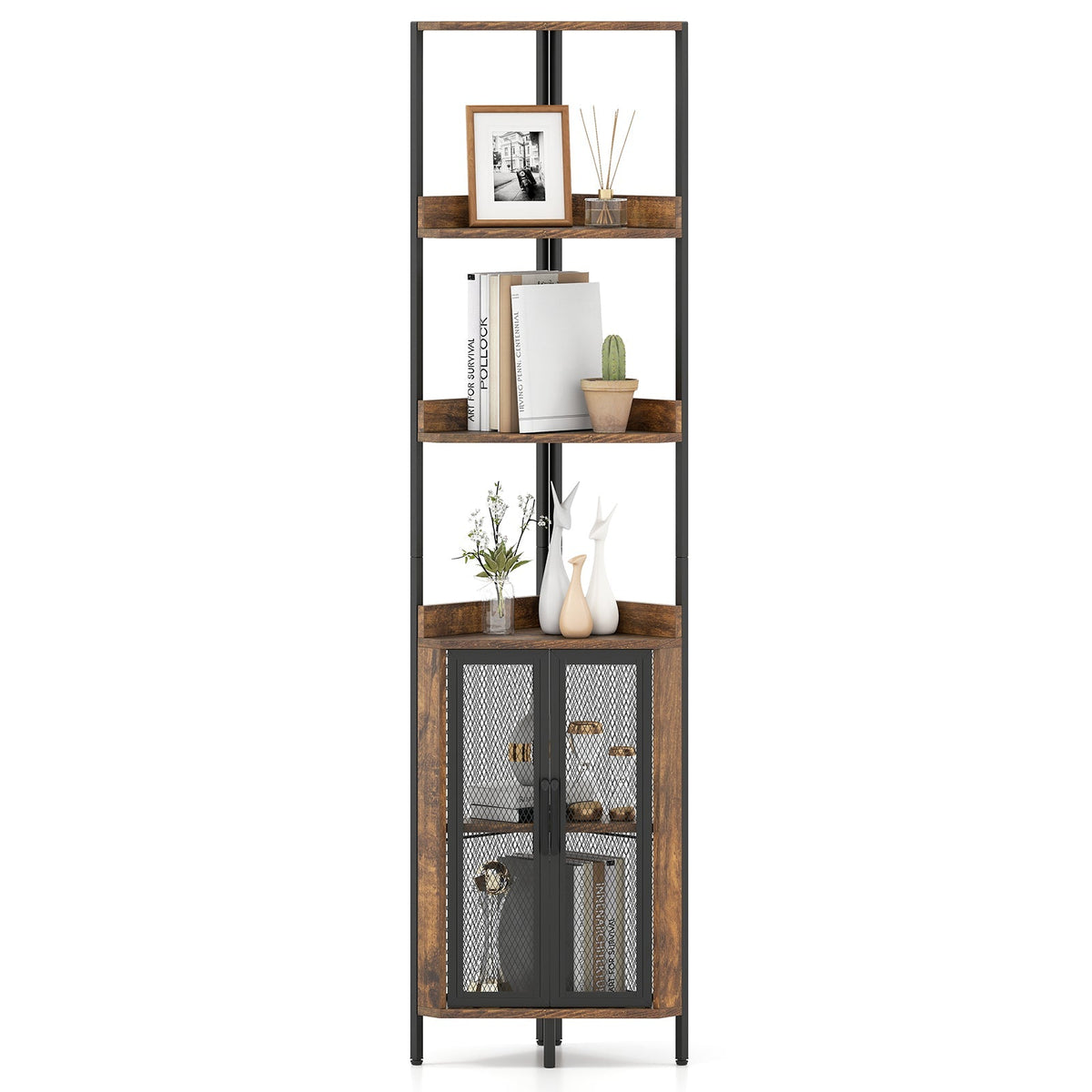 6-Tier Corner Shelf, 67 Inch Bookcase with Cabinet