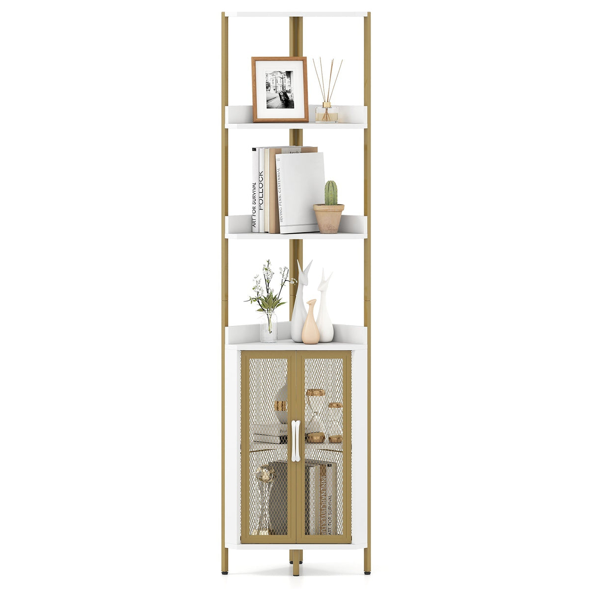 6-Tier Corner Shelf, 67 Inch Bookcase with Cabinet