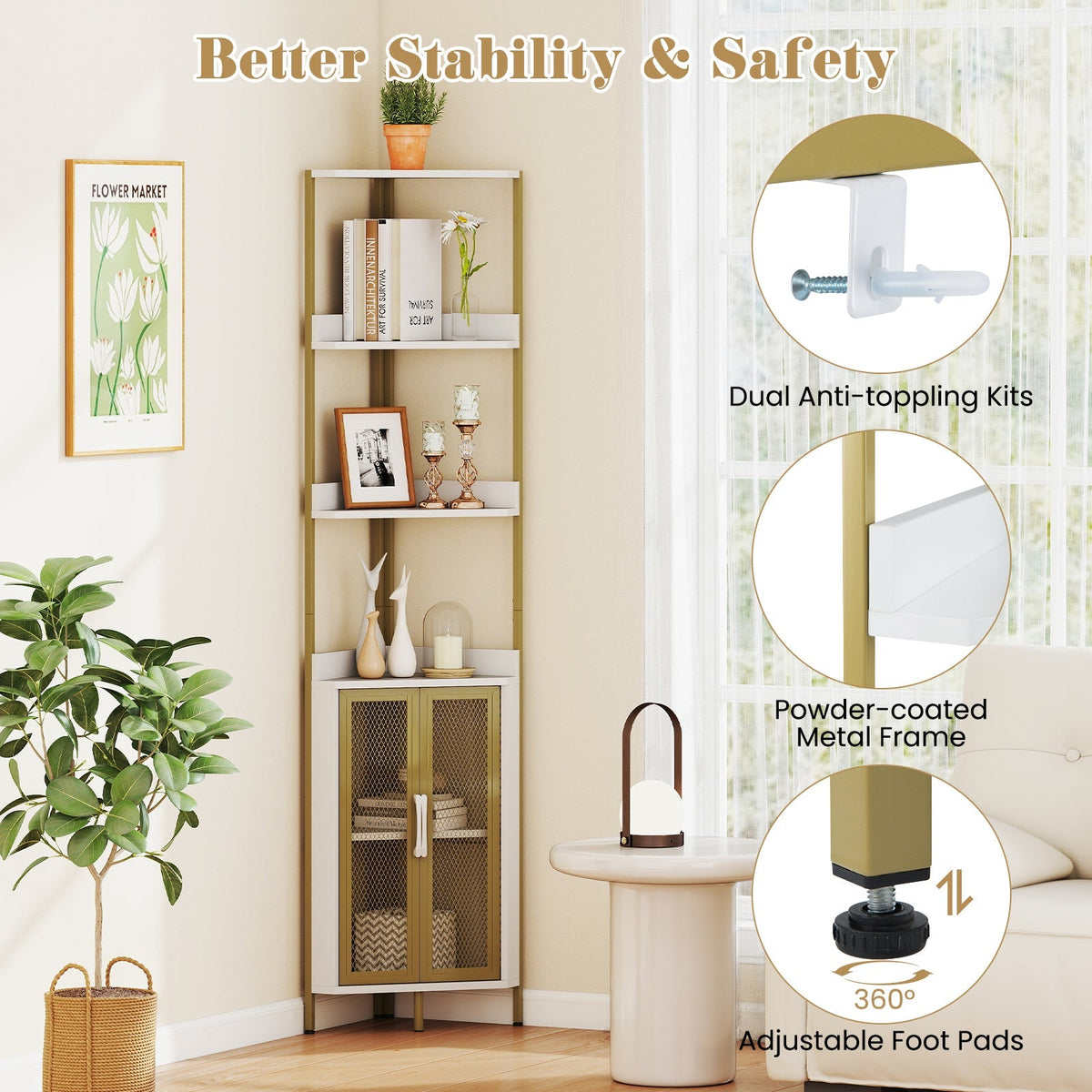 6-Tier Corner Shelf, 67 Inch Bookcase with Cabinet